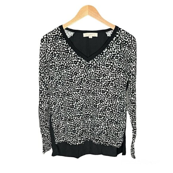 LOFT Floral Spot Black Mix Media V-Neck Long Sleeve Blouse Sz M - Picture 1 of 5